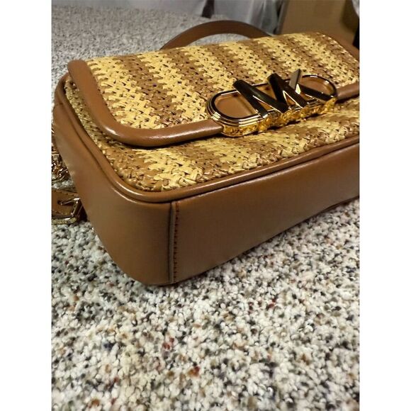 Michael Kors Parker Medium Woven Straw Crossbody Bag Natural Brown - Picture 4 of 10